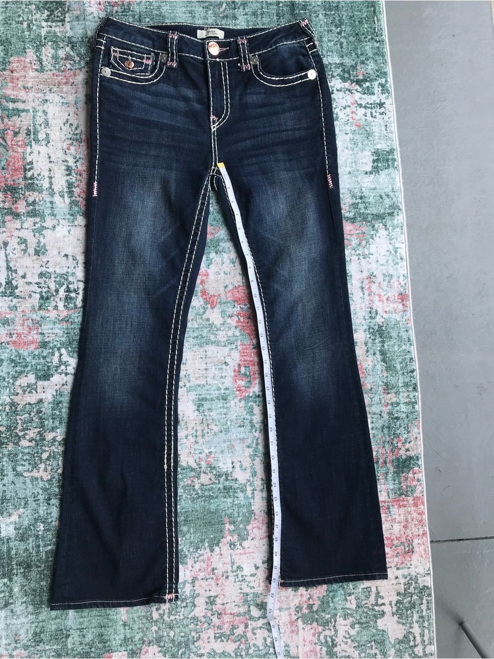 True Religion Women's Dark Blue Boot Cut Jeans with Pink Accent Stitching - Picture 7 of 11